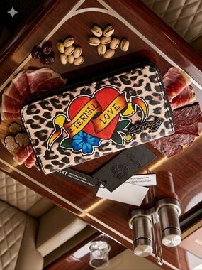 Ed Hardy Leopard Wallet with Red, Yellow and Blue Tattoo Heart